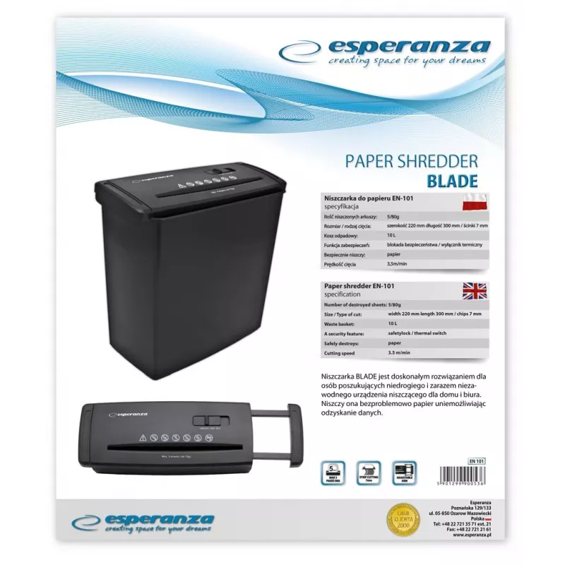 Esperanza EN101 papierversnipperaar strokenversnippering 22 cm zwart