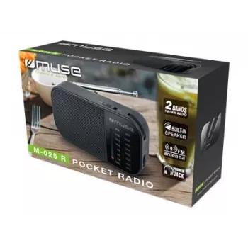 Draagbare radio Muse M-025 R — MW/FM, zwart, op batterijen, compact (32×130×70 mm)