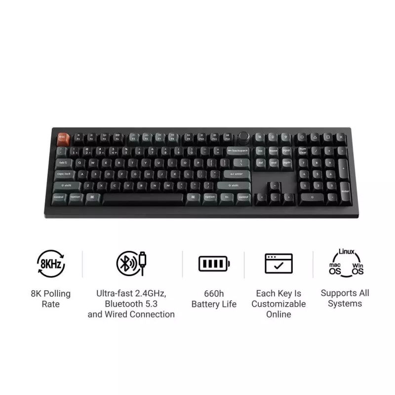 Mechanisch toetsenbord Keychron V6 Ultra 8K – Full-size 100% QWERTY, Bluetooth, RGB, zwart