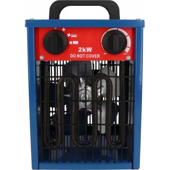 Ventilator-elektrische kachel BLAUPUNKT EH7010 – 2000 W, roestvrijstalen element, IPX4, vloeropstelling, voor tot 22 m², zwart/blauw/rood