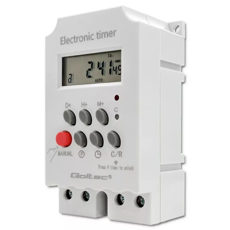 Elektronische DIN-rail tijdschakelaar QOLTEC PC0629 — 24V voeding, 16A uitgang