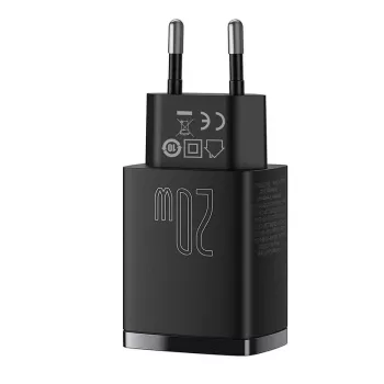 Indoor USB-snellader Baseus CCXJ-B01 – 2 poorten (USB-C PD 20W + USB-A QC3.0 18W), 100–240 V, zwart