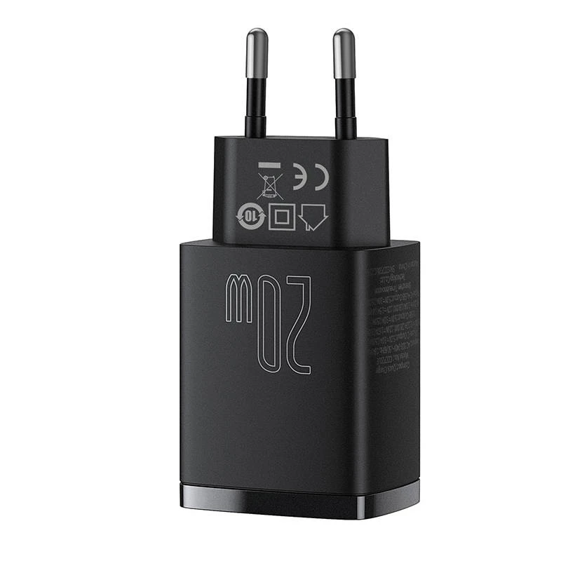 Indoor USB-snellader Baseus CCXJ-B01 – 2 poorten (USB-C PD 20W + USB-A QC3.0 18W), 100–240 V, zwart