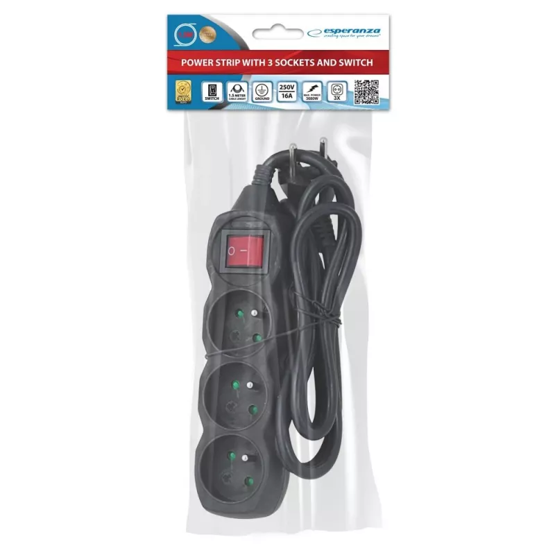 Verlengsnoer ESPERANZA ELK210K — 1,5 m kabel, 3 AC-stopcontacten type E, haakse stekker, binnen, zwart