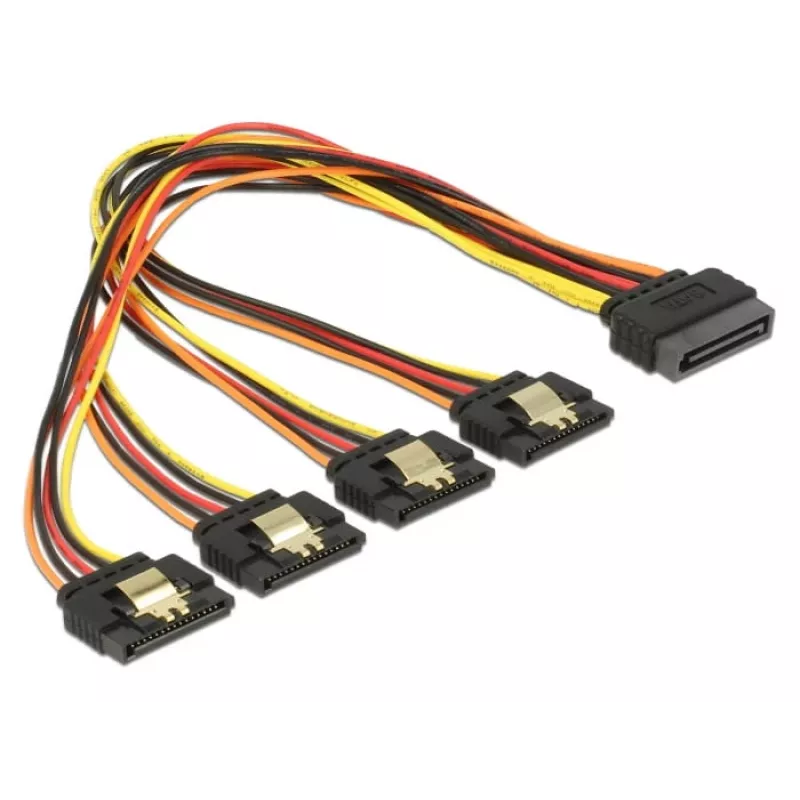 Delock 60157 SATA-stroomverlengkabel, SATA 15-pins (male) met vergrendeling naar 4x SATA 15-pins (female), 0,3 m, zwart/geel/rood/oranje