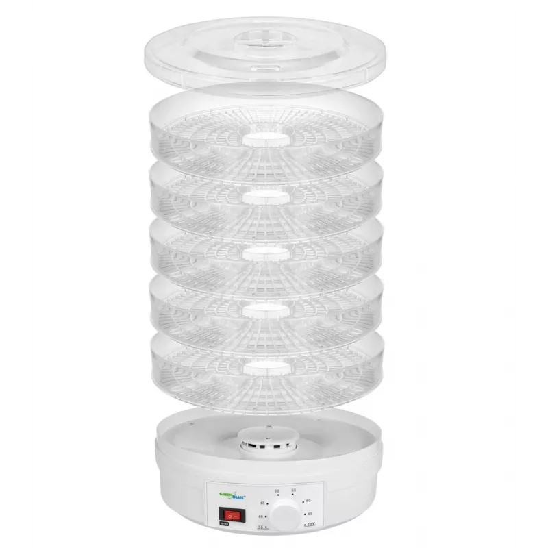 GreenBlue GB190 voedseldroger voor paddenstoelen, groenten en fruit, 5 laden, 250 W, instelbare temperatuur 35–70 °C, wit