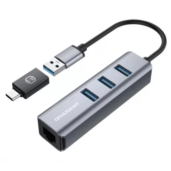 GRAUGEAR USB-hub G-HUB31L-A — USB 3.2 Gen 1 Type-A-host, 3x USB 3.2 Gen 1 Type-A-poorten + RJ-45, 5000 Mbit/s