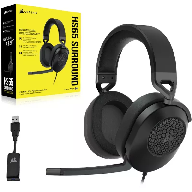 Headset CORSAIR HS65 SURROUND bedrade gaming-headset, over-ear, 3,5 mm + USB-adapter, 32 Ω, 282 g, carbon