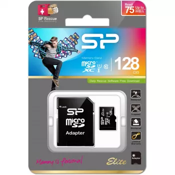 MicroSDXC-flashgeheugenkaart Silicon Power 128 GB UHS‑I (Class 10, U1), 85 MB/s, zwart, met SD-adapter