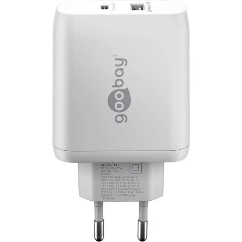USB-C dual-snellader, PD, GaN, 65 watt (wit, 1x USB-C, 1x USB-A, Power Delivery)