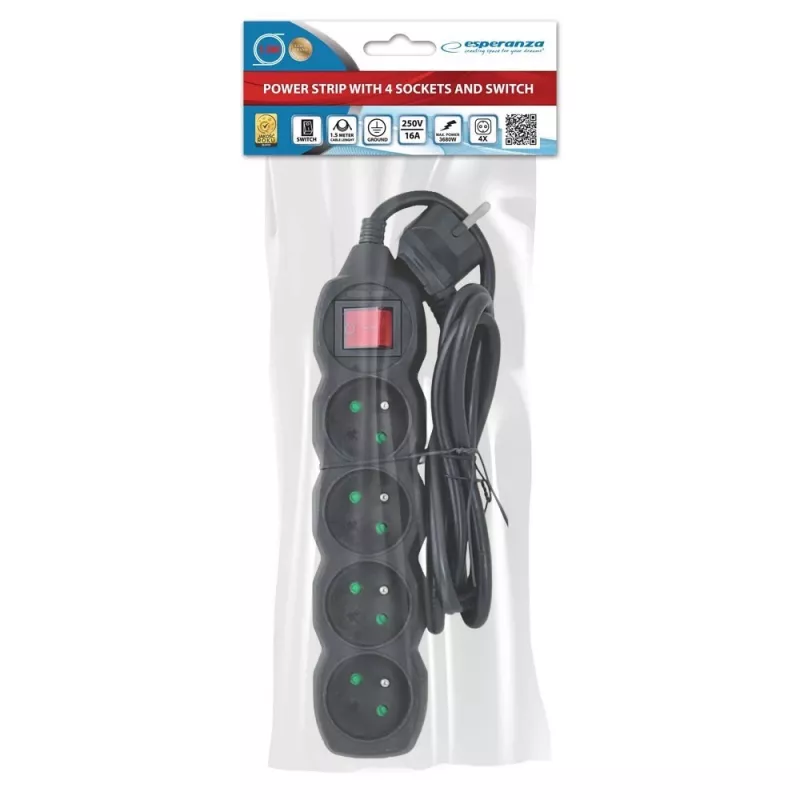 Verlengsnoer ESPERANZA ELK212K — 1,5 m kabel, 4 Type-E stopcontacten, binnen, zwart