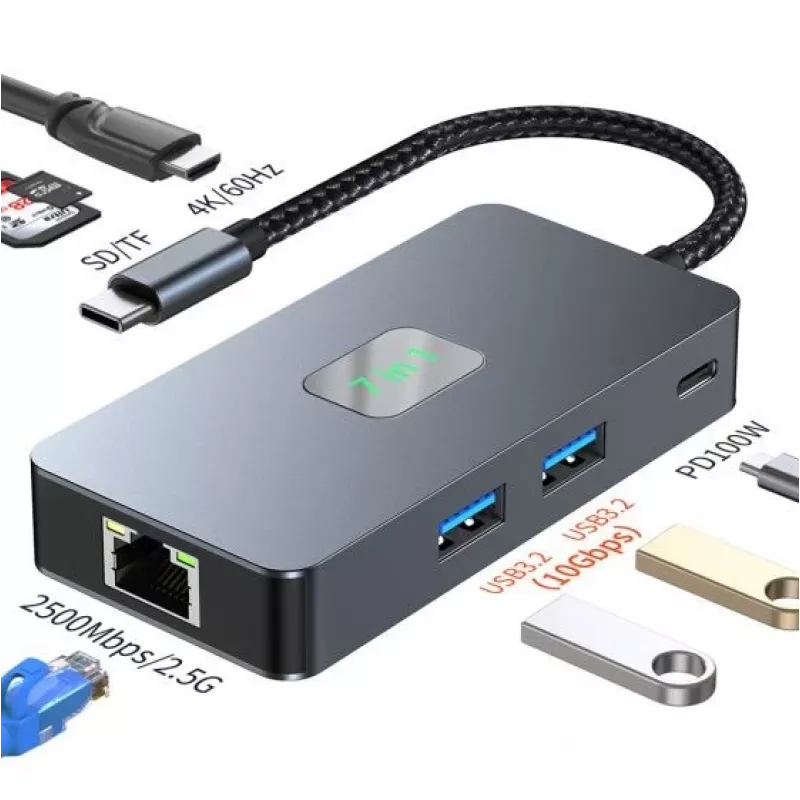 TB-adapter hub USB-C (7-in-1) HDMI USB SD/TF RJ45 (2500 Mbit/s) PD