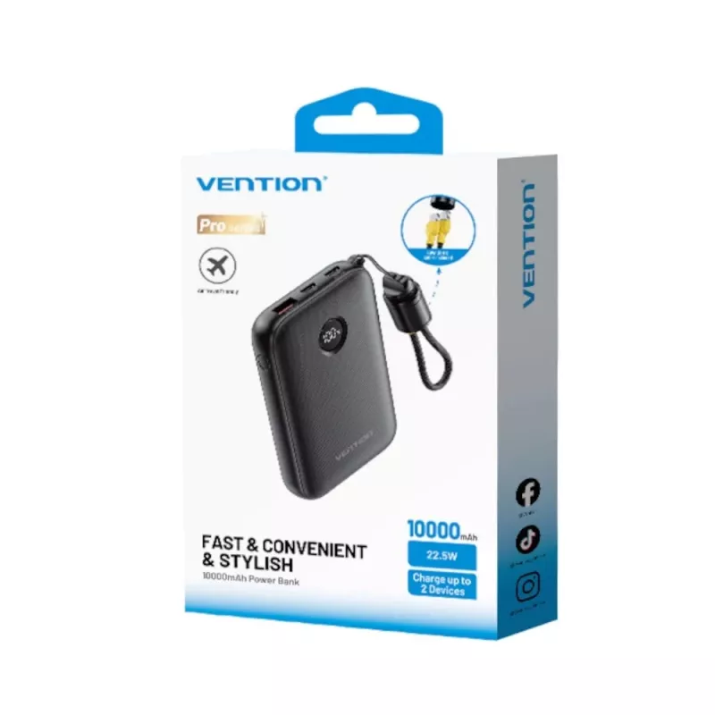 Powerbank Vention FKAB0-C 10000 mAh, 2× USB-C + 1× USB-A, 22,5 W, zwart