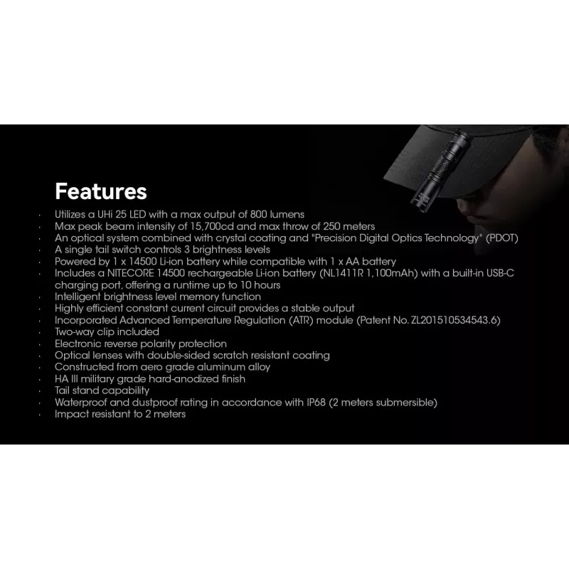 Handzaklamp Nitecore MT1A Pro — LED 50 lm, USB oplaadbaar, 1100 mAh, aluminium, waterdicht, schokbestendig, zwart