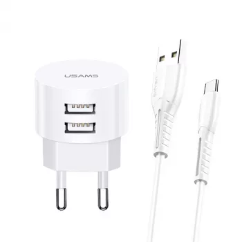 Oplader usams XTXLOGT18TC05 met 2x USB-aansluitingen en geïntegreerde USB-C-kabel, 2,1A uitgang