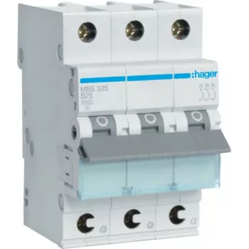 Hager MBS325. Nominale stroom: 25 A, ingangsfrequentie: 50/60 Hz. Type: B-type, aantal modules (max.): 3 modules. Breedte: 52,5 mm, diepte: 70 mm, hoogte: 83,4 mm (MBS325)