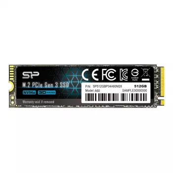 SSD M.2 NVMe Silicon Power P34A60 512 GB — PCIe, lezen 2200 MB/s, schrijven 1600 MB/s, NVMe 1.3