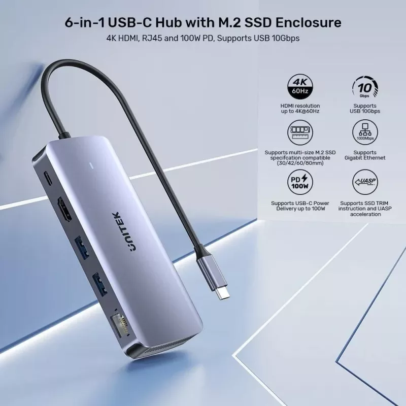 UNITEK actieve hub USB-C 10GBPS,M.2,HDMI, PD 100W