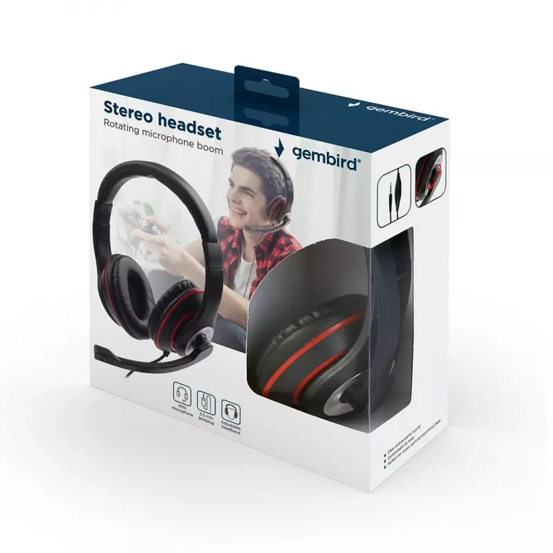 Bedrade gaming-headset GEMBIRD MHS-03-BKRD — binaural, omsluitend, 3,5 mm, 1,8 m kabel, rood/zwart