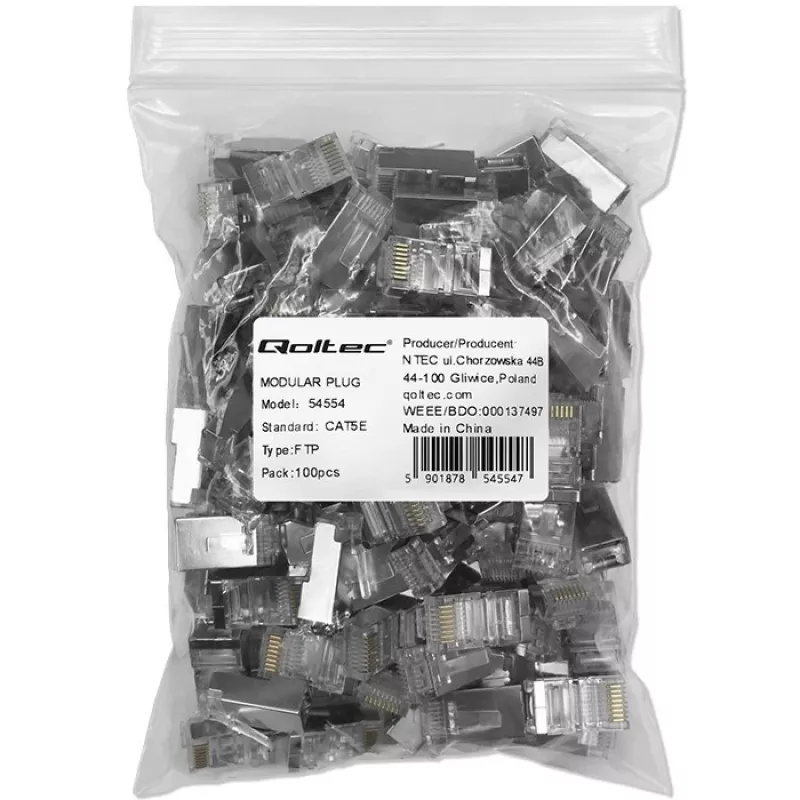 Modulaire RJ45-stekker QOLTEC 54554 CAT5e FTP, 100 stuks, zilver, kunststof, 11×22×18 mm