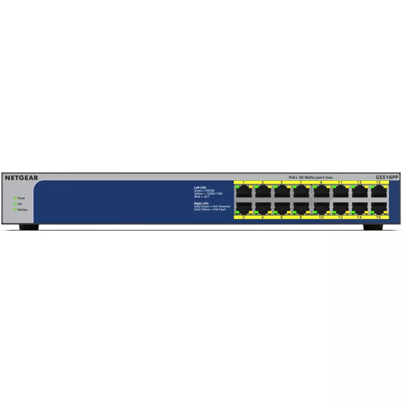 NETGEAR GS516PP unmanaged Gigabit Ethernet (10/100/1000) Power over Ethernet (PoE) blauw, grijs