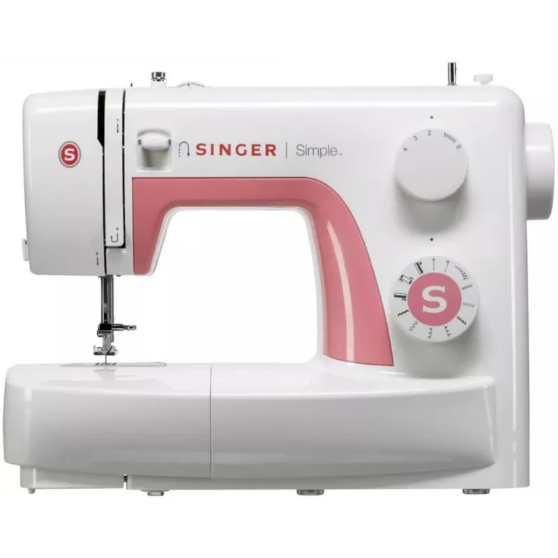 Singer Simple 3210 automatische naaimachine, elektromechanisch, 10 steken, 4-staps knoopsgat, vrije arm, 85 W, wit/roze