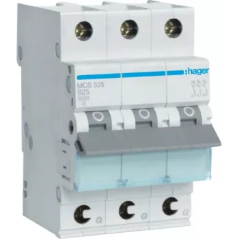 Hager MCS325. Nominale stroom: 25 A, AC-ingangsfrequentie: 50/60 Hz. Type: C-uitlösecharakteristik, module Quantity (max): 3 module(n). Breedte: 52,5 mm, diepte: 70 mm, hoogte: 83,4 mm (MCS325)