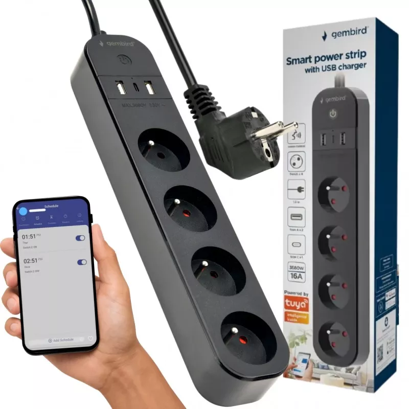 Stekkerdoos GEMBIRD TSL-PS-F4U-02 met 4 PL-stopcontacten en USB-oplader, zwart