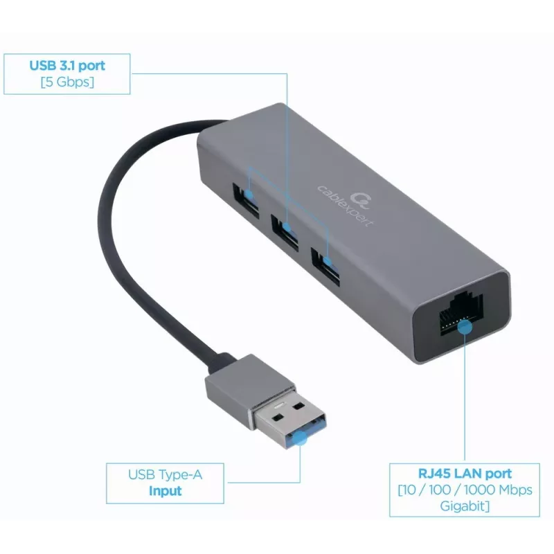 Gembird A-AMU3-LAN-01 USB-A naar Gigabit LAN-adapter met 3-poorts USB 3.0-hub, zwart