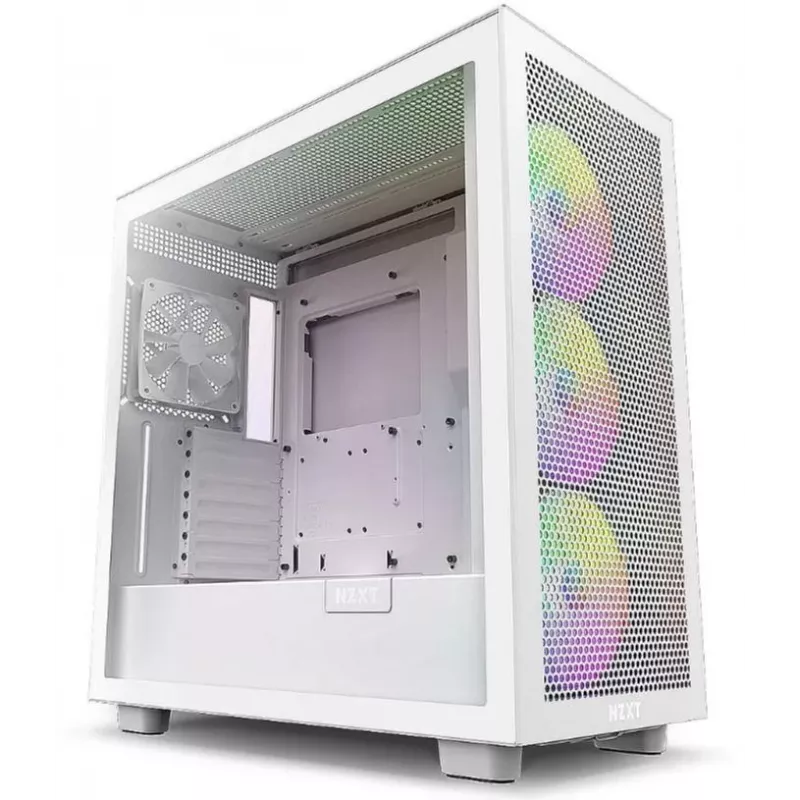 PC-behuizing NZXT H7 Flow RGB Midi Tower wit — gehard glas, EATX, voor 3×120mm, USB-C