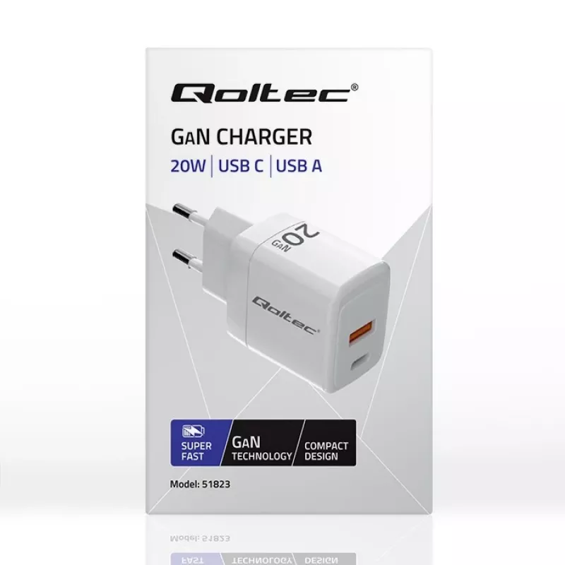 GaN-oplader QOLTEC 51823 20W USB-voeding, 5V/20V uitgang