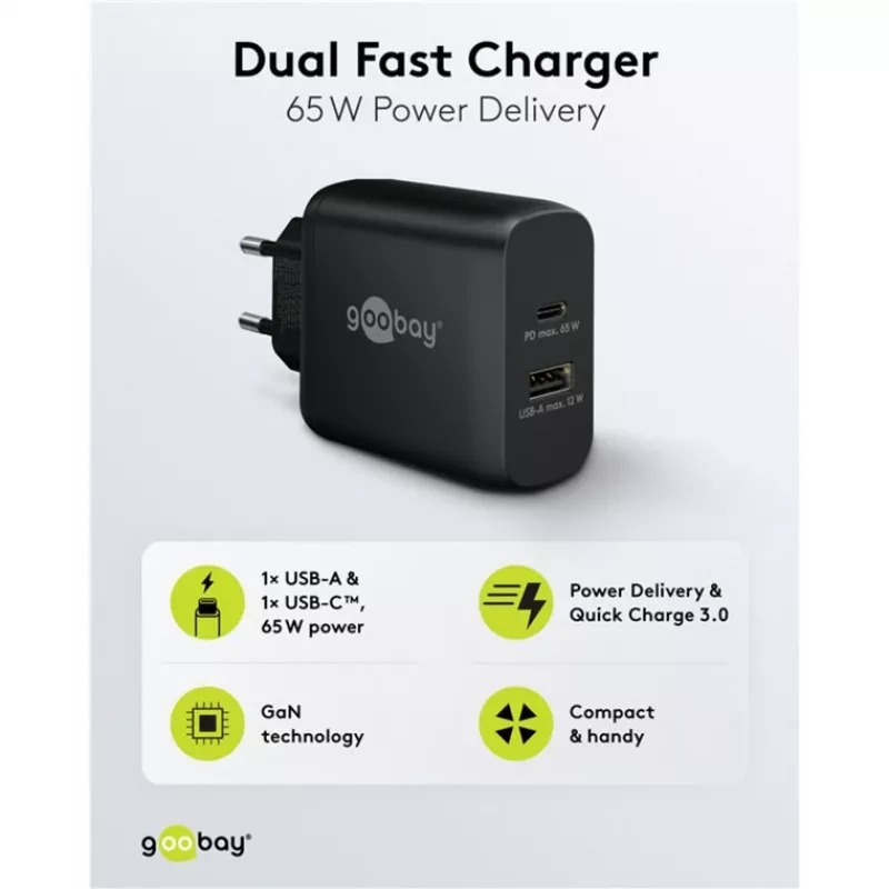 USB-C dual-fast charger, PD, GaN, 65 watt (zwart, 1x USB-C, 1x USB-A, Power Delivery)