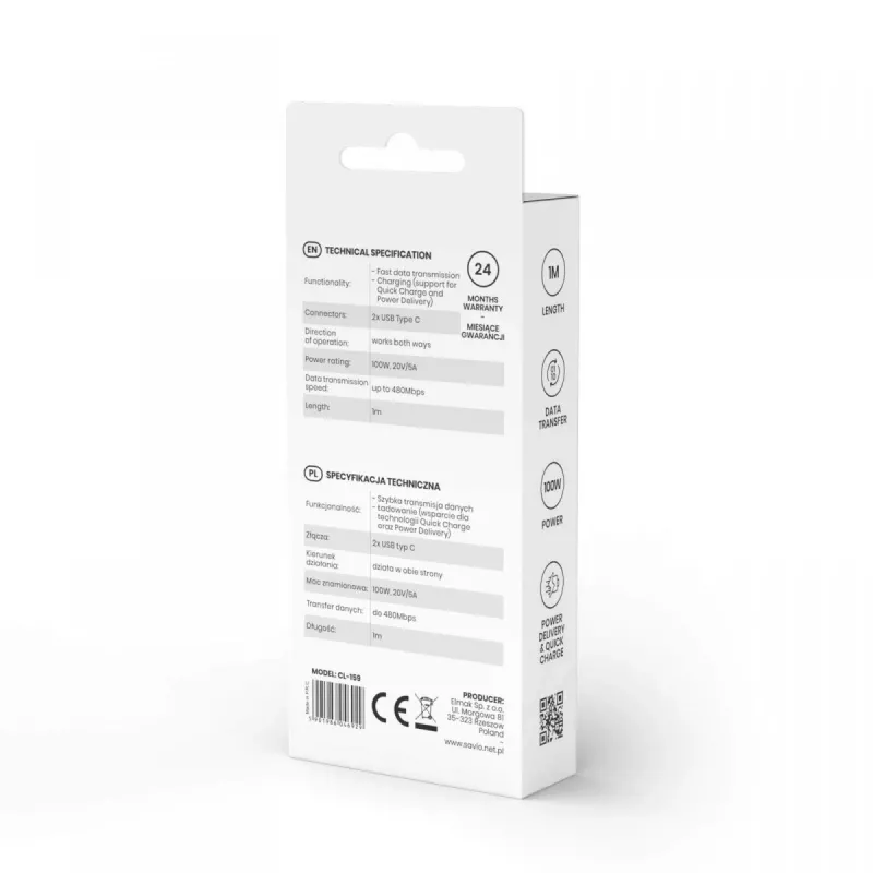 USB-C-naar-USB-C-kabel SAVIO CL-159 1 m, USB 2.0 (480 Mbit/s), zwart, 2,1 A