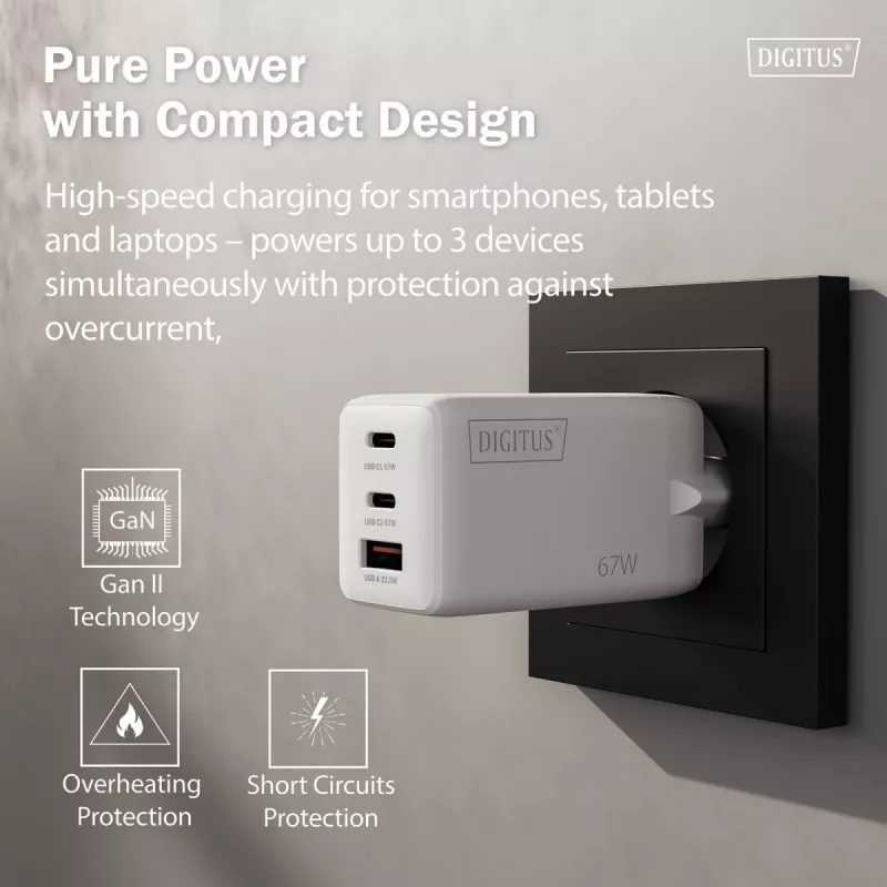 Wandoplader DIGITUS DA-10303 67W GaN, 2× USB-C + 1× USB-A, 100–240V, wit
