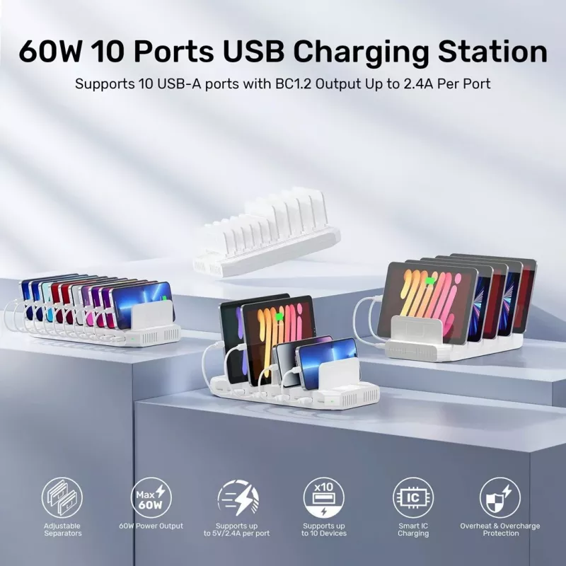 Unitek oplaadstation 10x USB 2.4A 60W wit