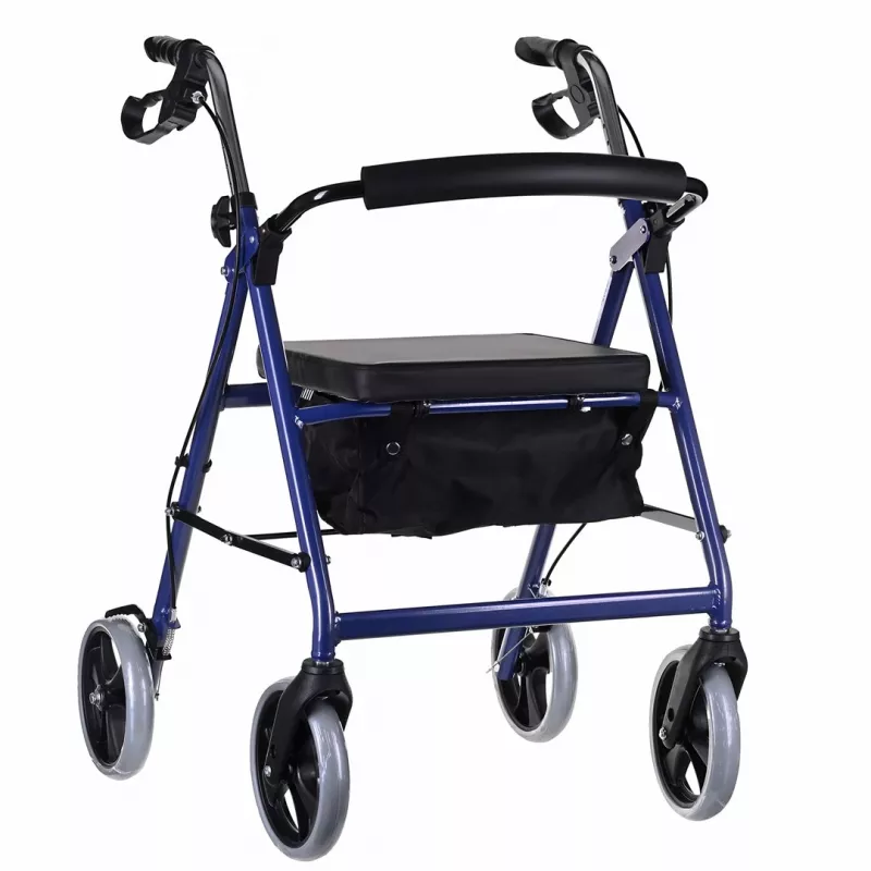 Rollator met vier wielen en zitting, blauw/zwart