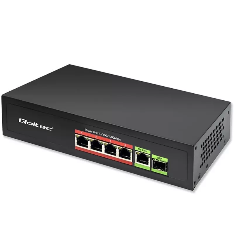 Ethernet PoE-switch QOLTEC 52296 — 4x RJ45 PoE-poorten, 1x RJ45 uplink