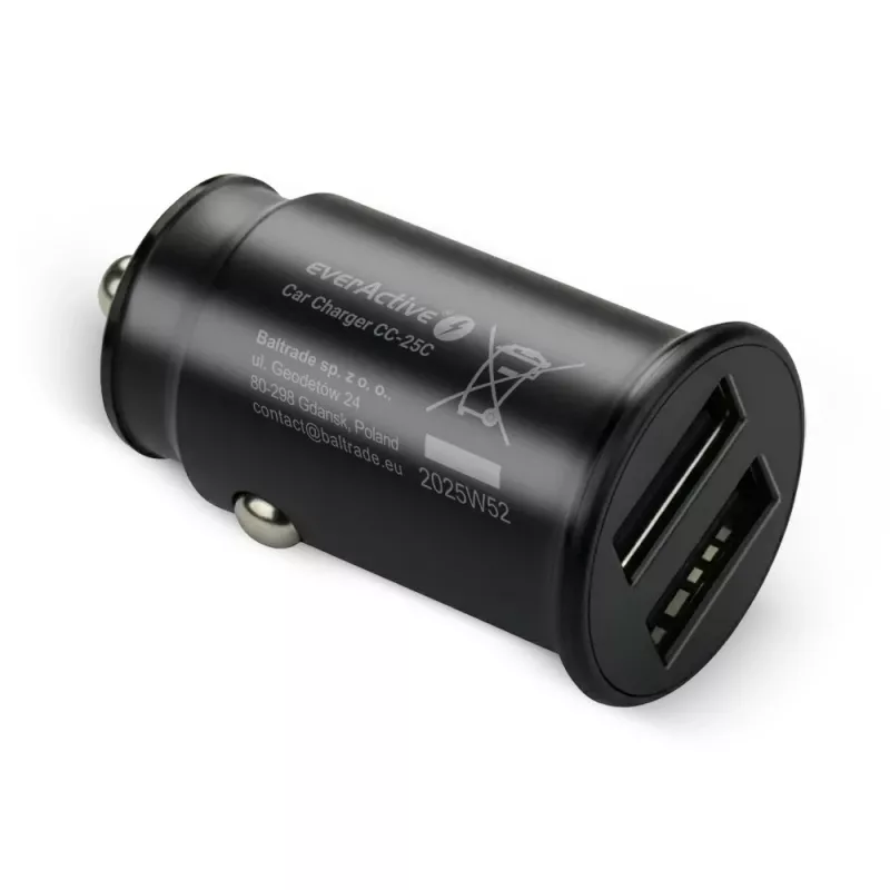 everActive CC-25C autolader, 2x USB 12 W, met USB-C-kabel