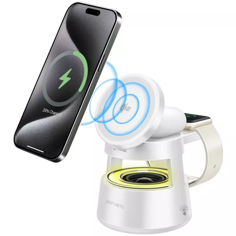 Draadloze oplader 4smarts Qi2 Aura Sound wit – Qi2 snel draadloos laden, ingebouwde luidspreker