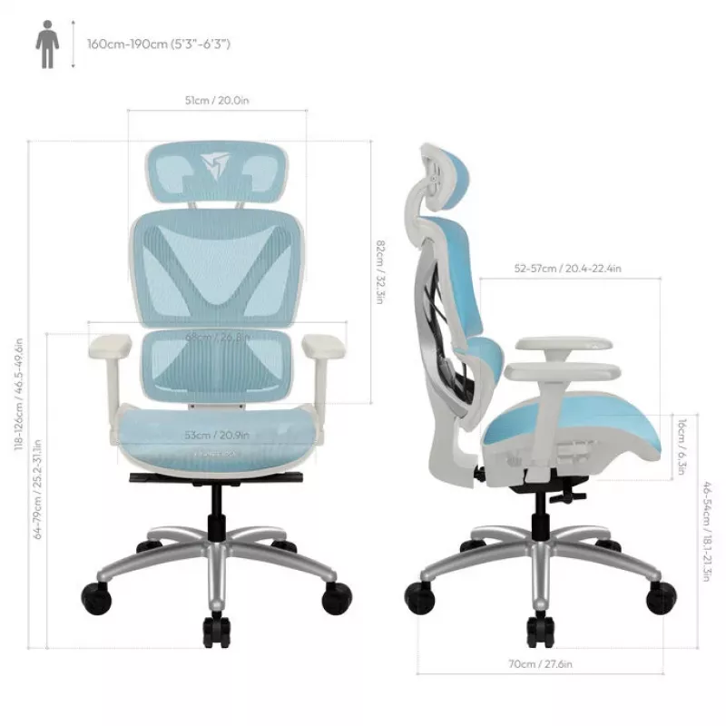 Ergonomische bureaustoel thunder x3 TEGC-3073102.B1 — wit-blauwe bekleding, verstelbare armleuningen, hoge rugleuning