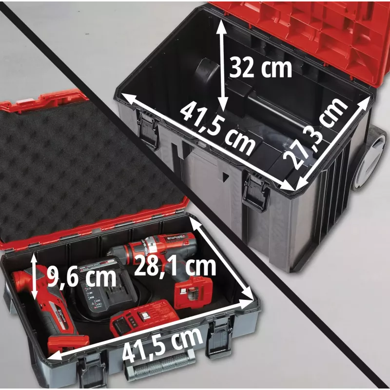 Gereedschapskoffer Einhell E-Case Tower zwart rood polypropyleen hittebestendig spatwaterdicht