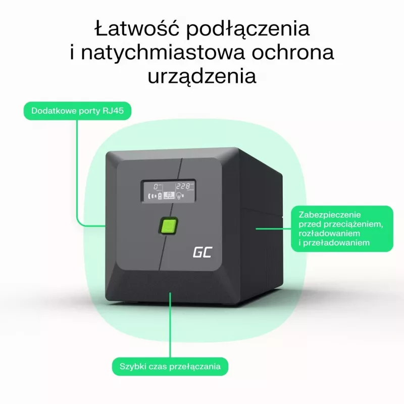 USV Line-Interactive 2 kVA 1200 W, Green Cell, 4 wisselstroomuitgangen, USB, 12 V 9 Ah VRLA (Tower)
