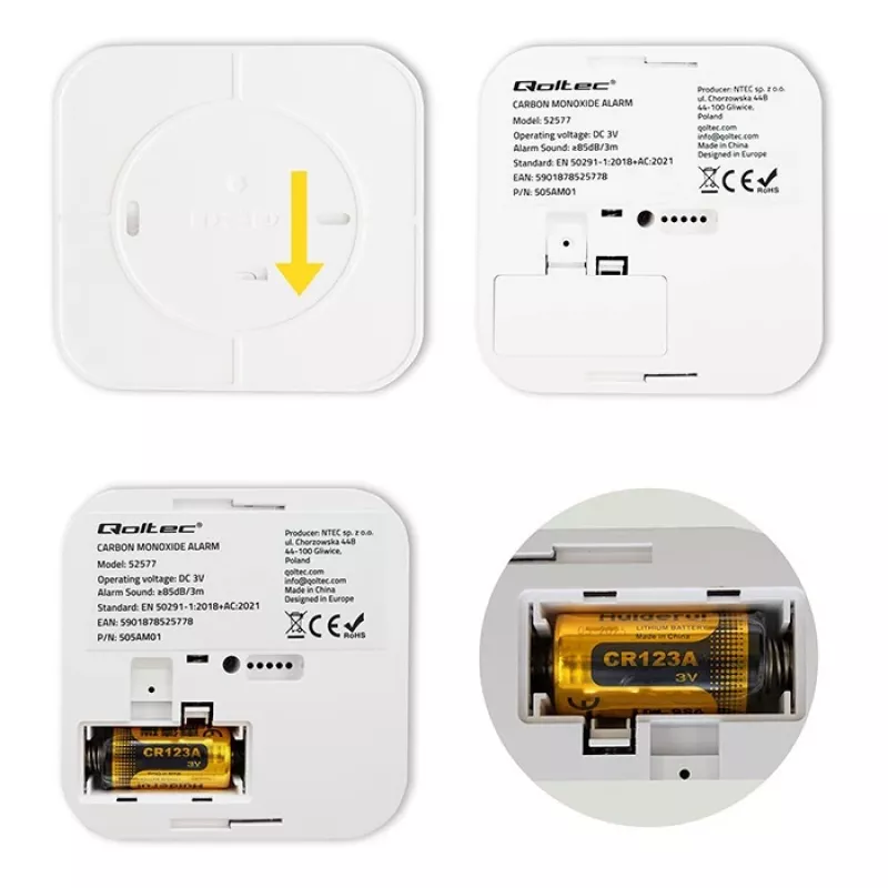 Koolmonoxide-sensor QOLTEC 52577 — batterijgevoed alarm, 85 dB geluidsniveau
