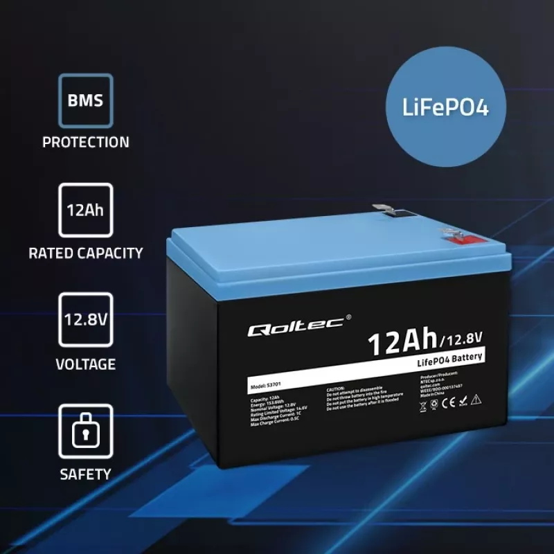 Qoltec LiFePO4 Lithium-ijzerfosfaat-accu 12,8 V 12 Ah 153,6 Wh met BMS