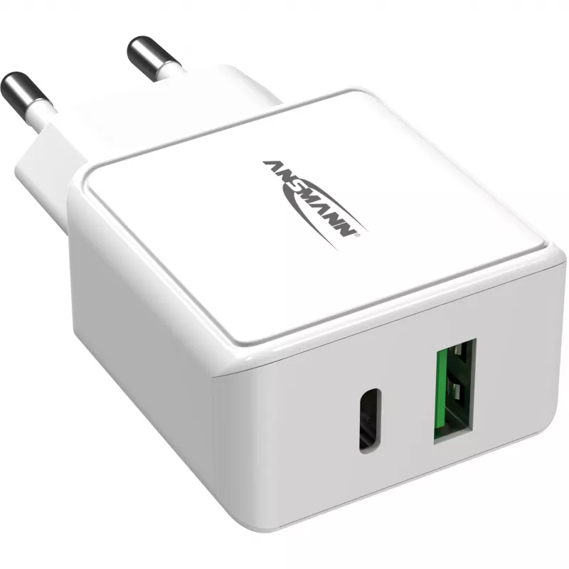 ANSMANN HC218PD - voeding - 18 watt - 3000 mA - PD, QC 3.0 - 2 uitgangspoorten (USB, USB-C) - wit (1001-0111)