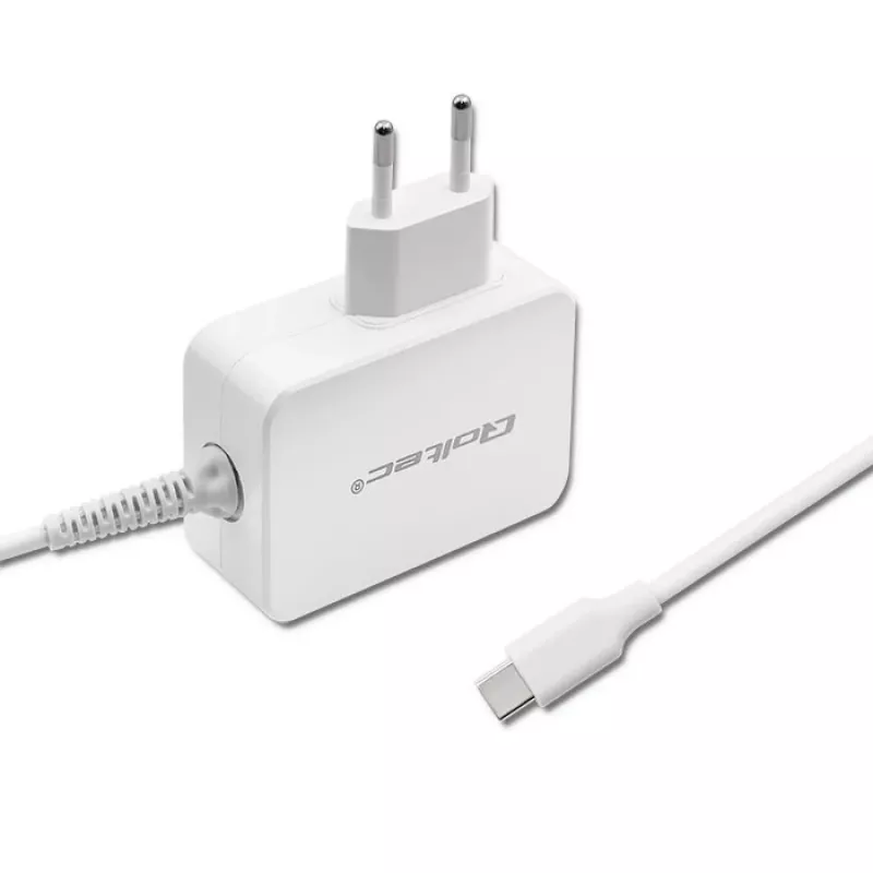 Qoltec 51039 65 W USB-C PD-voedingsadapter, 5–20,3 V, 2–3,25 A, ingebouwde USB-C-kabel, wit
