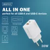 AC indoor USB GaN-oplader DIGITUS DA-10301 — 30W, 1× USB-C, 1× USB-A, 100–240V, wit
