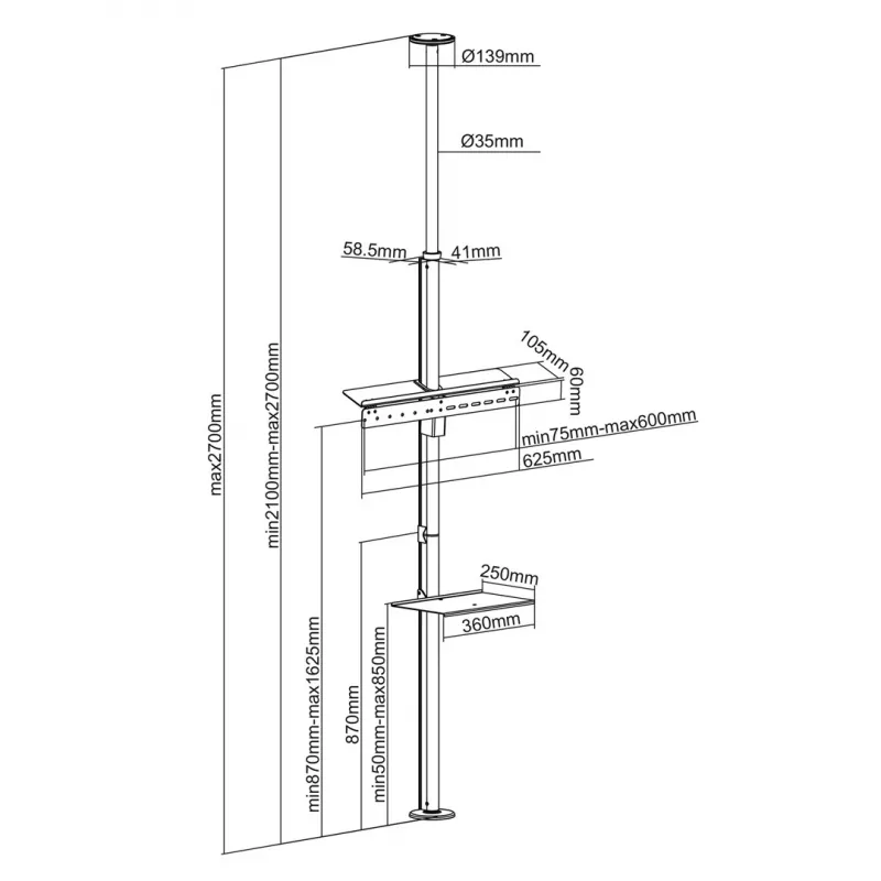 Maclean MC-791N telescopische vloer-plafond tv-beugel met plank, 37-70 inch, 30 kg