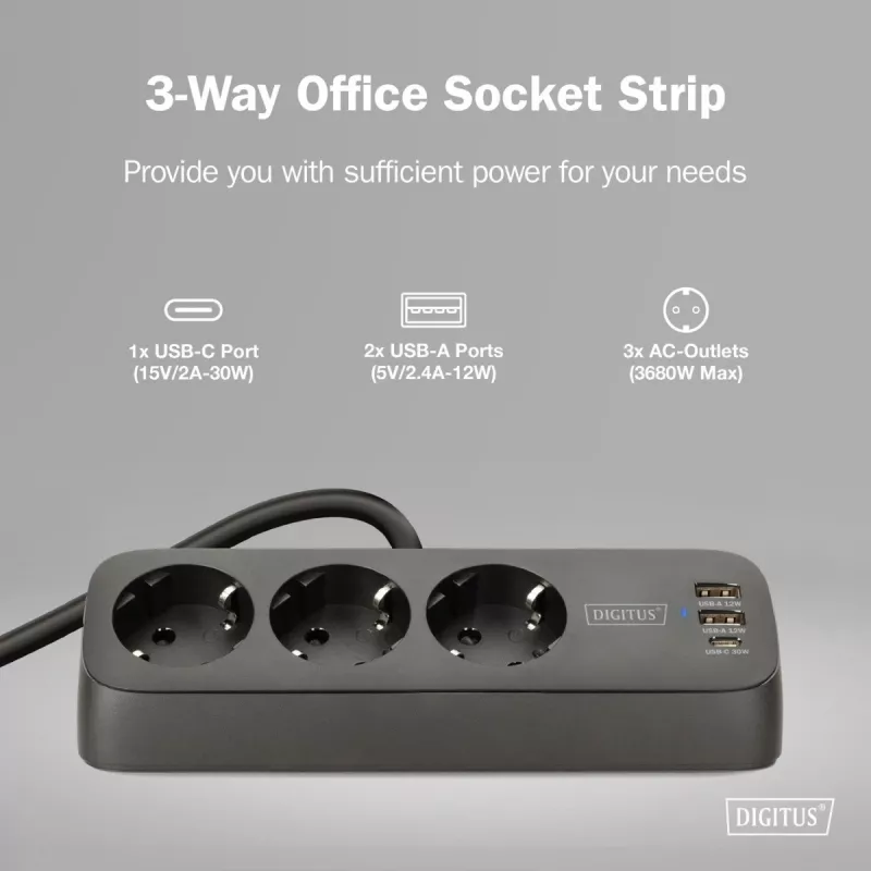 Meervoudig stopcontact DIGITUS 3-voudig met 2×USB-A & 1×USB-C, 3 AC-stopcontacten type E/F, 1,5 m kabel, zwart