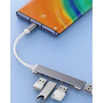 USB-hub VAKOSS TC-4125X — 1× USB 3.0 Type-A, 3× USB 2.0 Type-A, host: USB Type-C, zilver